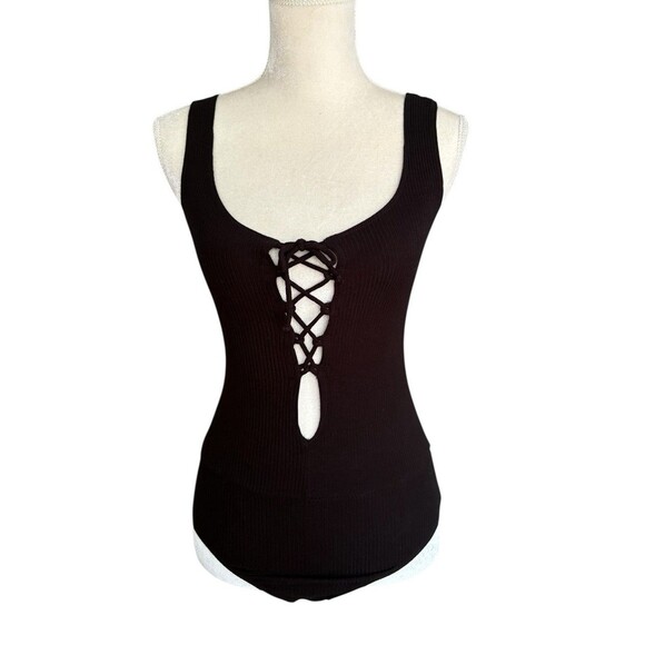 Reformation Ribbed Selena Tank Bodysuit Women's Size Large Black Lace Up Front - Picture 1 of 12